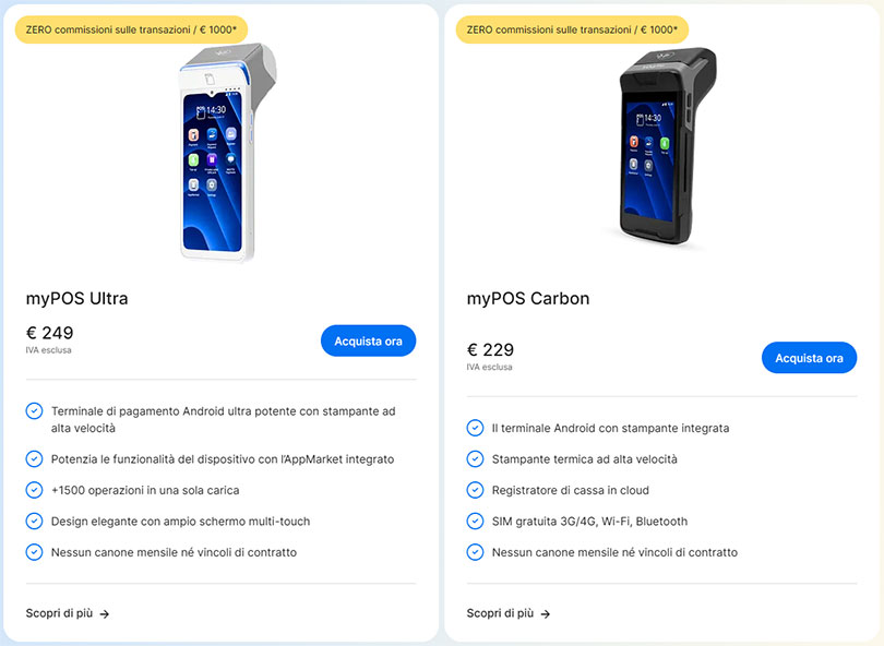 I terminali myPOS Ultra e myPOS Carbon a zero commissioni