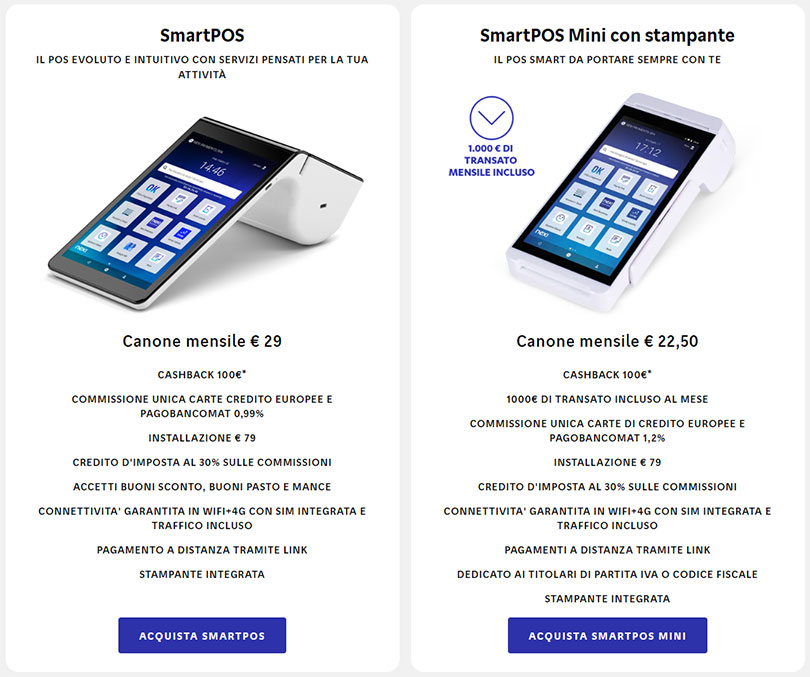 I POS della gamma Nexi SmartPOS che offrono il cashback di 100 euro