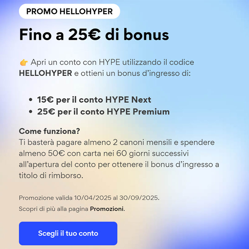 Ottieni fino a 25 euro di bonus ingresso su HYPE con il codice HELLOHYPER
