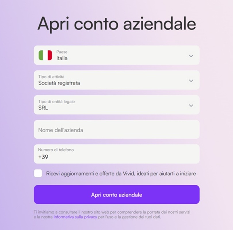vivid apri conto aziendale
